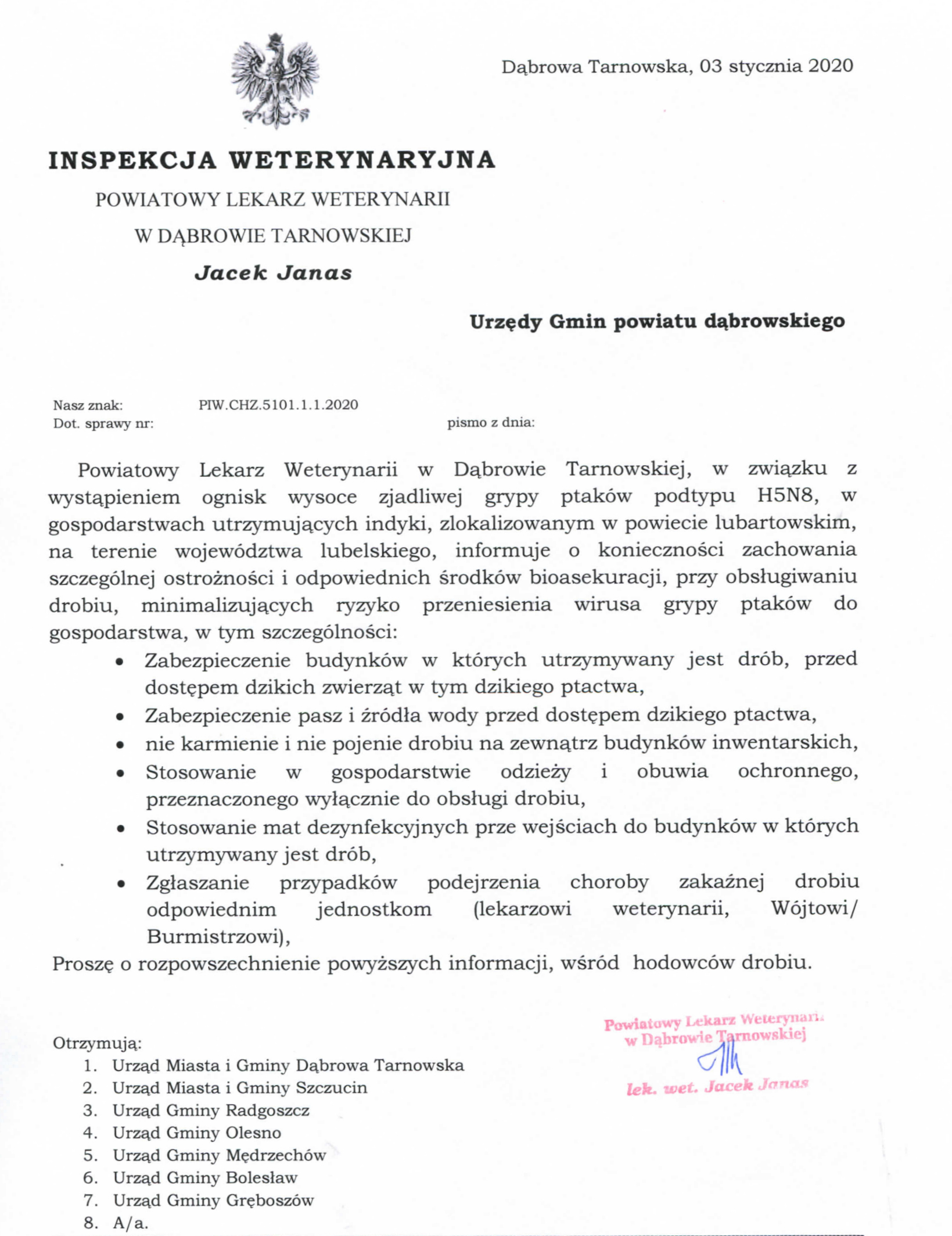 Pismo gminy Informacja dla hodowców drobiu
