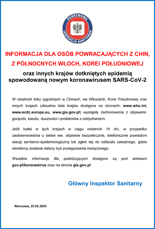 2019 nCoV ULOTKA PL ver 3 <font color=r />Co musisz wiedzieć o koronawirusie SARS Cov 2<br>oraz<br>Informacje Głównego Inspektora Sanitarnego dla osób powracających z północnych Włoch, Chin, Korei Południowej, Iranu, Japonii, Tajlandii, Wietnamu, Singapuru i Tajwanu