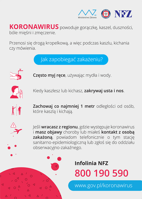 koronawirus CoV 19 <font color=r />Co musisz wiedzieć o koronawirusie SARS Cov 2<br>oraz<br>Informacje Głównego Inspektora Sanitarnego dla osób powracających z północnych Włoch, Chin, Korei Południowej, Iranu, Japonii, Tajlandii, Wietnamu, Singapuru i Tajwanu