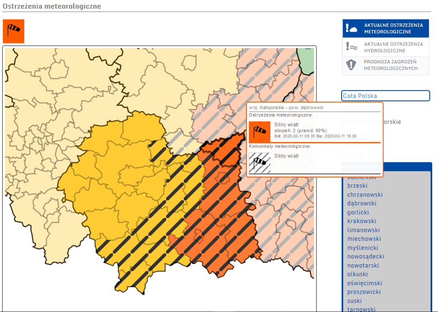 ostrzezenie meteo 11 02 2020 2 Ostrzeżenie o silnym wietrze   <font color=r />AKTUALIZACJA   II stopień zagrożenia</font>