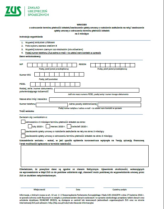 1 zus 12616410 Uproszczony wniosek o odroczenie terminu płatności składek/zawieszenie spłaty składek ZUS