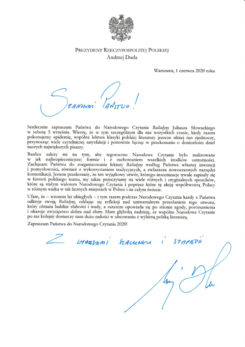 List Prezydenta RP Narodowe Czytanie 2020 Balladyna Juliusza Słowackiego lekturą dziewiątej odsłony Narodowego Czytania   5 września 2020 r.
