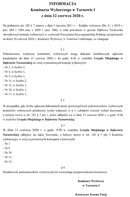 losowanie ObKW 15 06 2020 Informacja o terminie dodatkowych zgłoszeń oraz o losowaniu składów Obwodowych Komisji Wyborczych w Gminie Dąbrowa Tarnowska w wyborach Prezydenta RP zarządzonych na 28 czerwca 2020 r.