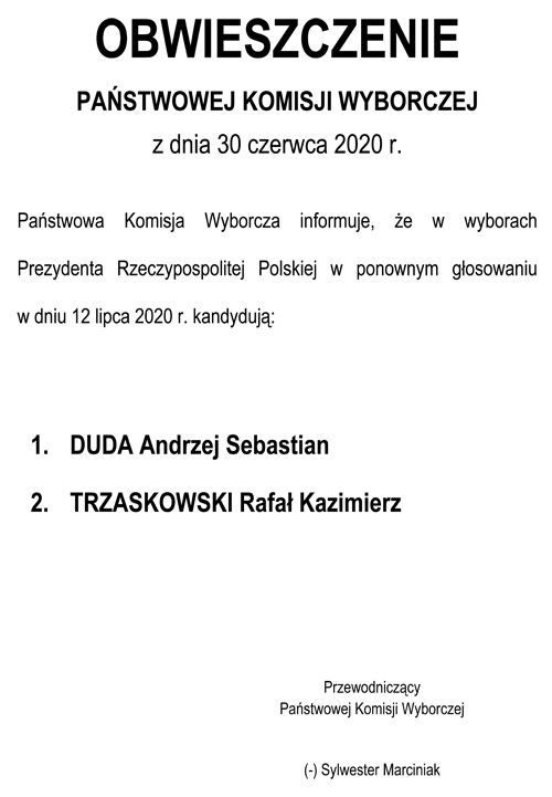 obwieszczenie o II turze wybory prezydentaRP 2020 W niedzielę 12 lipca II tura wyborów prezydenckich 2020   Obwieszczenie PKW o kandydatach
