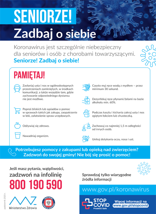 5. Plakat seniorze zadbaj o siebie <font color=r />Od 10 października na terenie całej Polski obowiązywać będą obostrzenia jak w strefie żółtej</font>