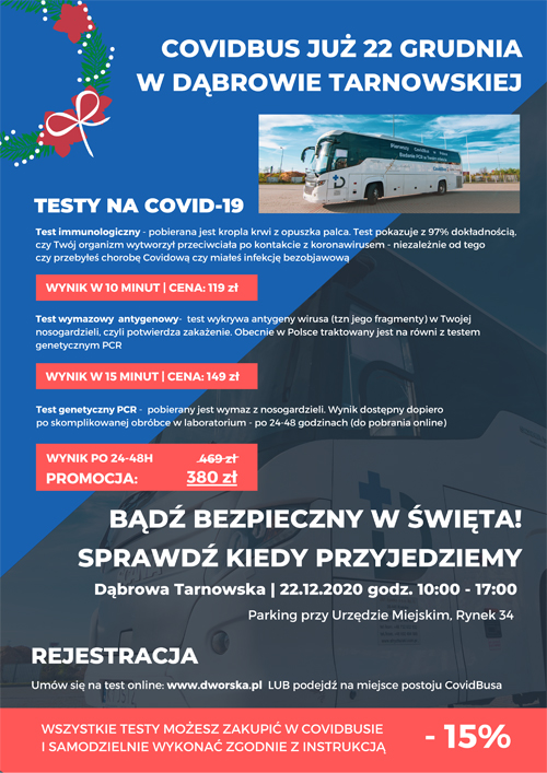 CovidBus Dabrowa Już we wtorek 22 grudnia CovidBus na parkingu przed Urzędem Miejskim w Dąbrowie Tarnowskiej