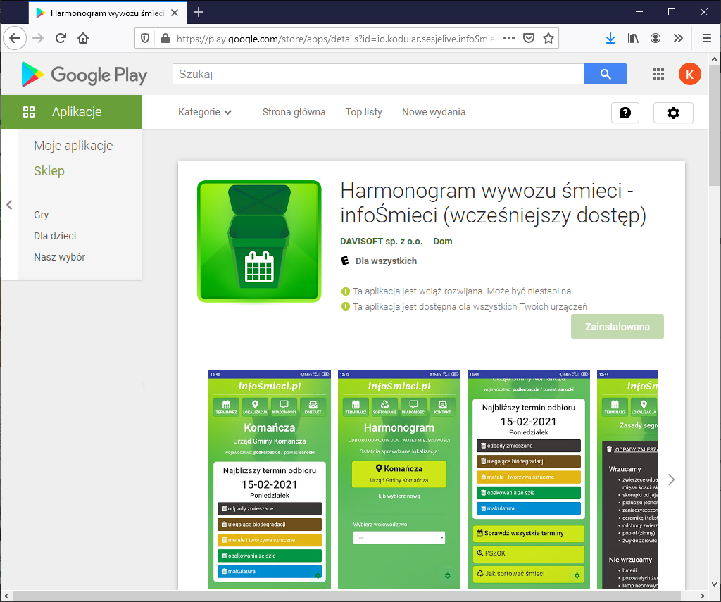GoogePlay infosmieci Harmonogram odbioru odpadów komunalnych na aplikacji InfoŚmieci