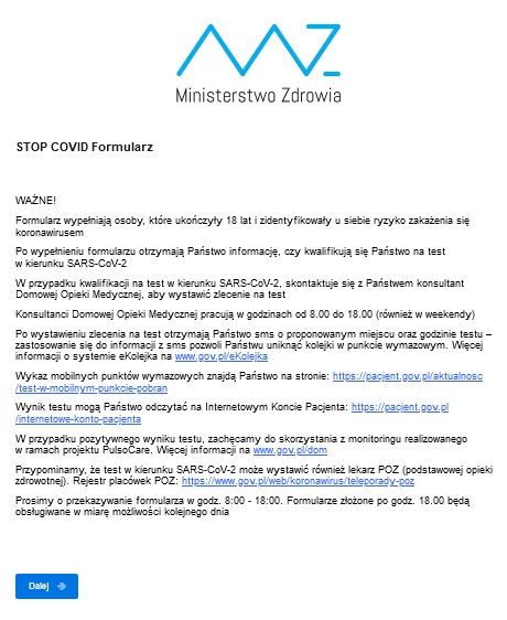 Screenshot 2021 03 16 STOP COVID Formularz Chcesz zapisać się na test przeciw Covid 19? Wypełnij formularz.
