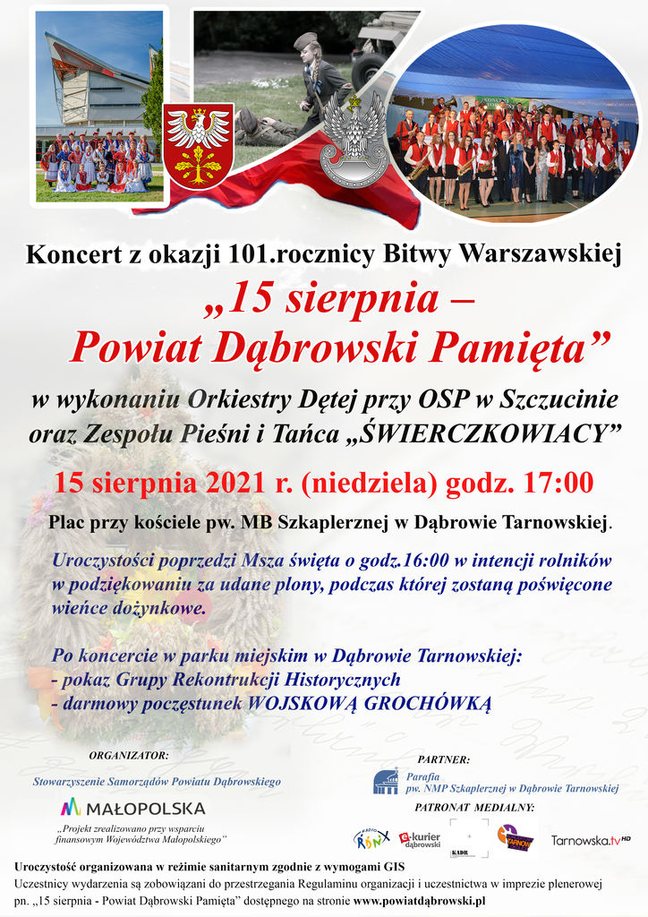 plakat 15.08 wersja III ok Zapraszamy na koncert 15 sierpnia   Powiat Dąbrowski Pamięta
