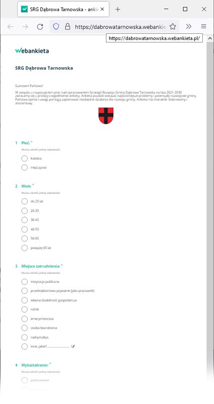 Ankieta SGDT 2021 Zachęcamy do wypełnienia ankiety dotyczącej „Strategii Rozwoju Gminy Dąbrowa Tarnowska na lata 2021 2030”