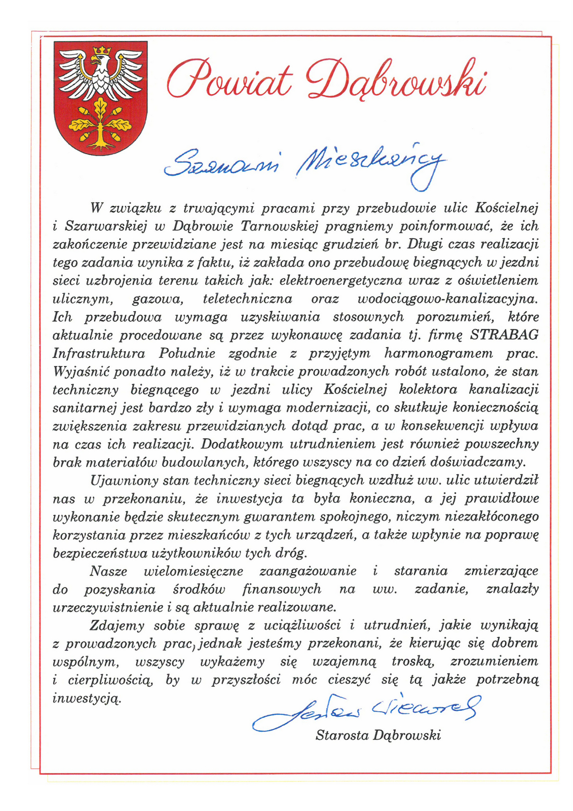 1 Pismo Starosta Zmiana organizacji ruchu w związku z przebudową ulic Kościelnej i Szarwarskiej