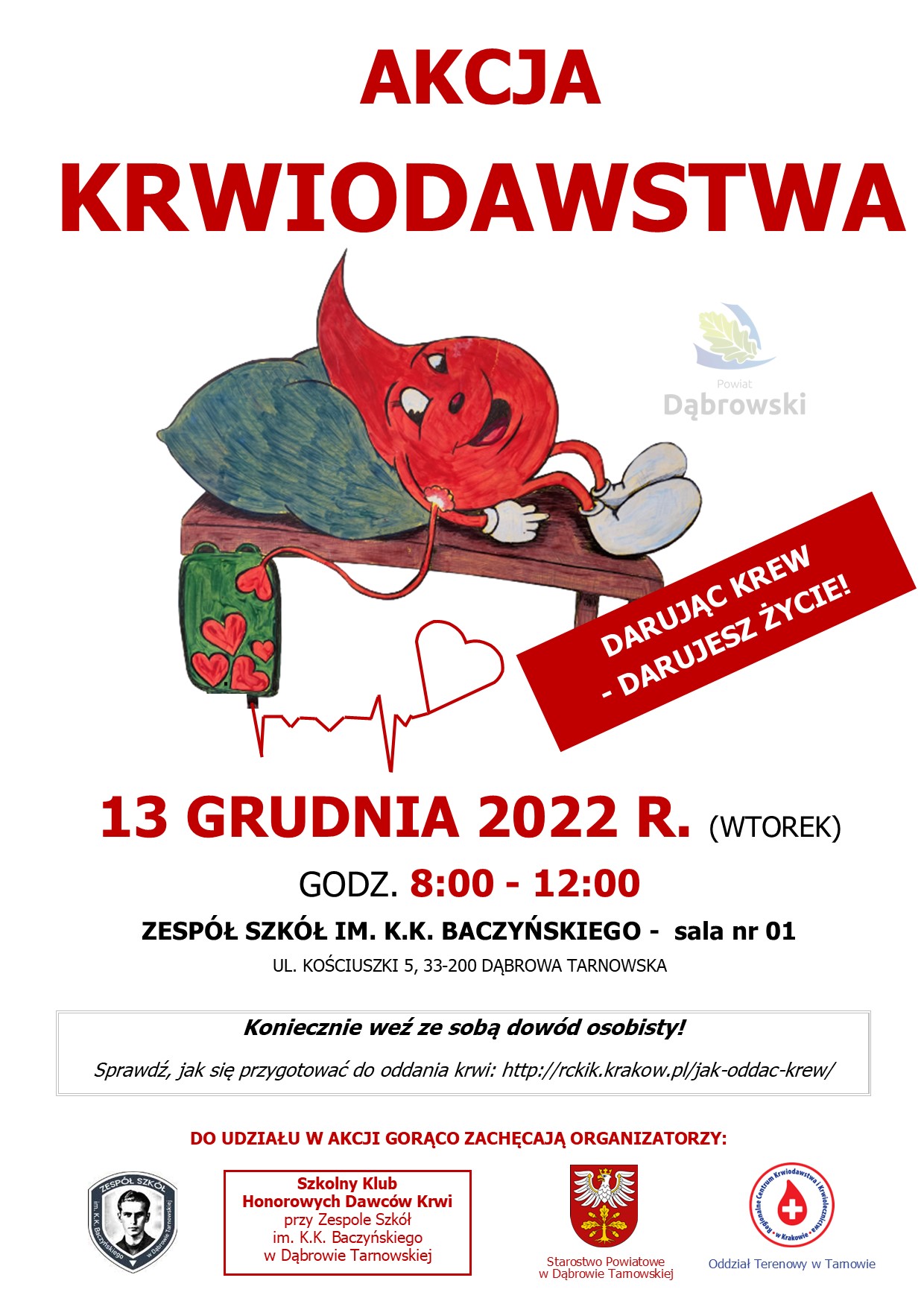 plakat Akcja krwiodawstwa 13.12.2022 Zapraszamy na Akcję Krwiodawstwa w Dąbrowie Tarnowskiej – 13 grudnia 2022 r.