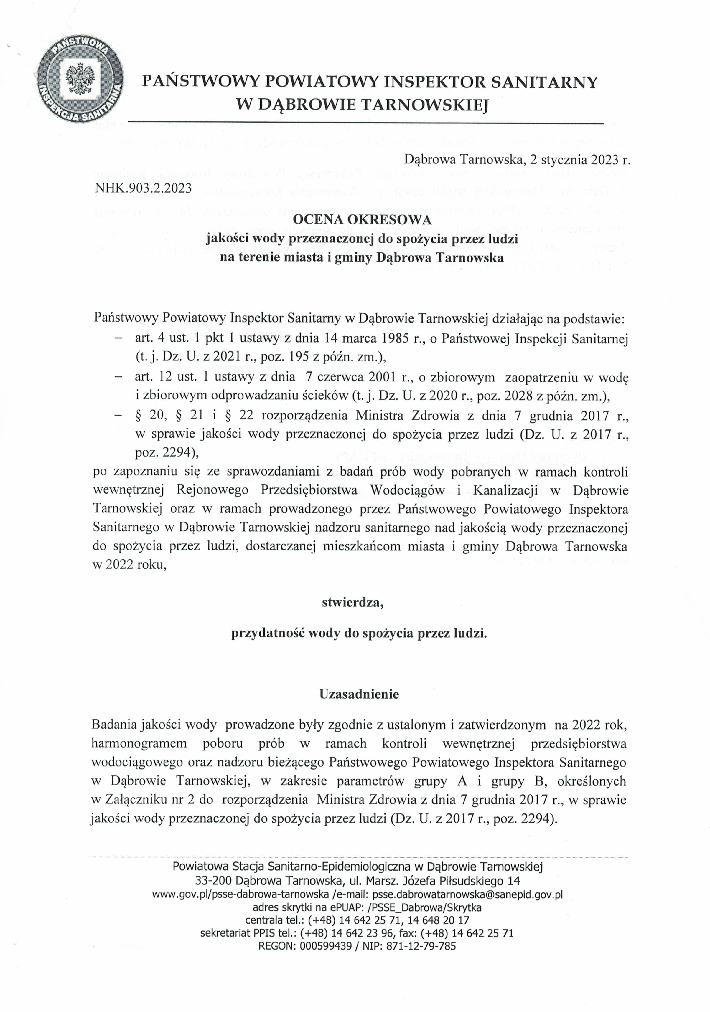 CCI05012023 Ocena jakości wody przeznaczonej do spożycia przez ludzi na terenie miasta i gminy Dąbrowa Tarnowska w 2022 roku