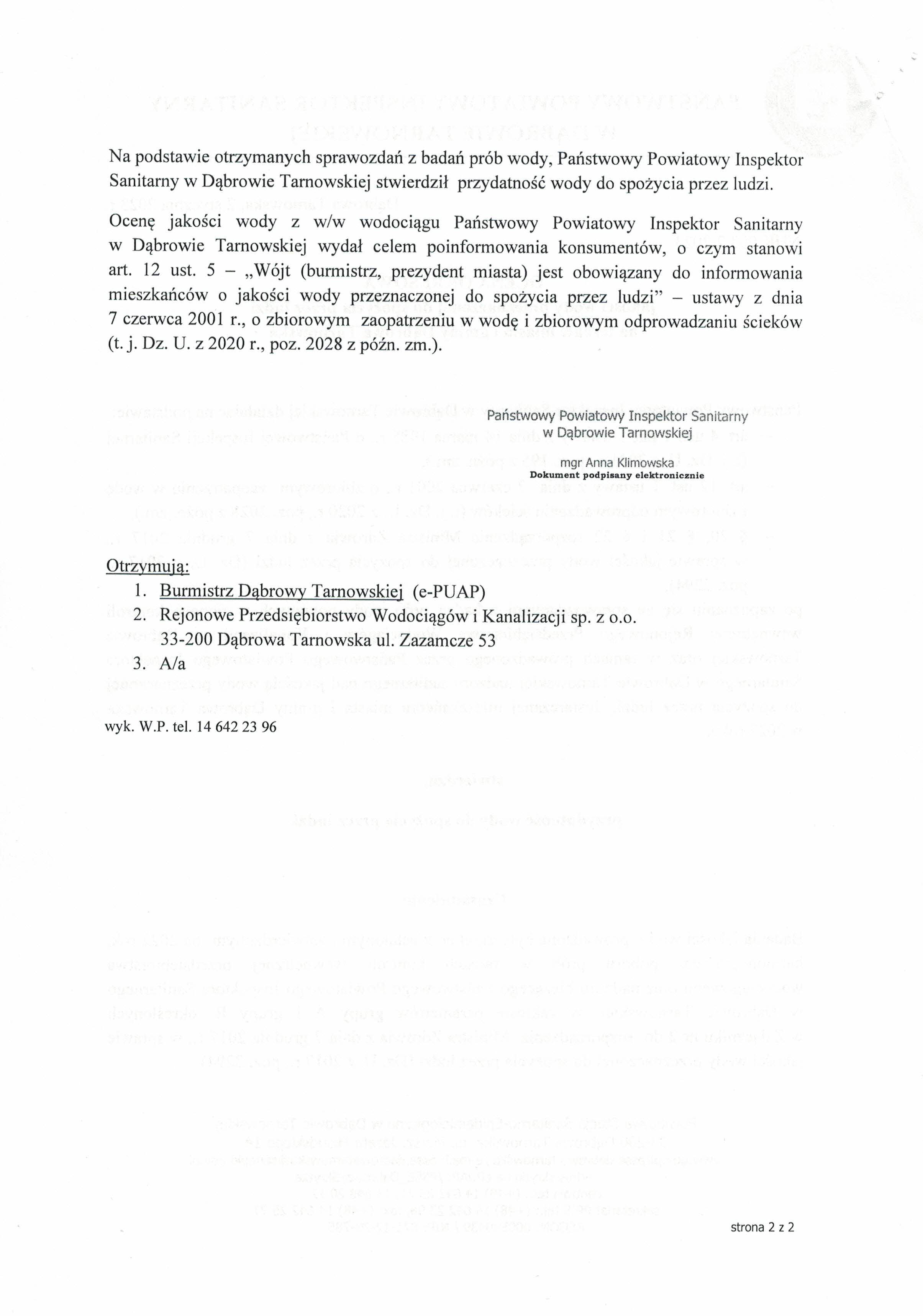 CCI05012023 0001 Ocena jakości wody przeznaczonej do spożycia przez ludzi na terenie miasta i gminy Dąbrowa Tarnowska w 2022 roku