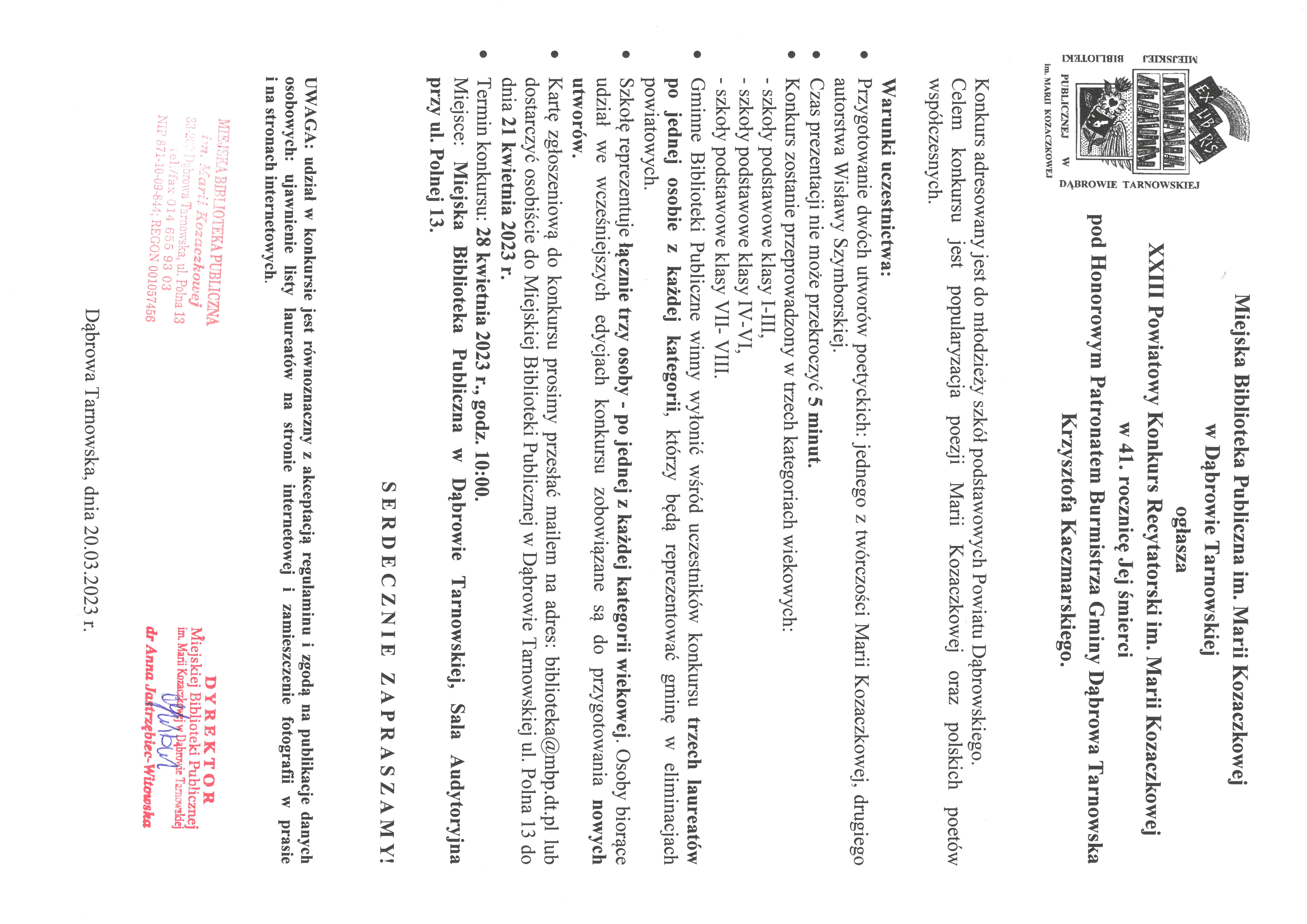 regulamin konkursu Ogłoszenie XXIII Powiatowego Konkursu Recytatorskiego im. Marii Kozaczkowej