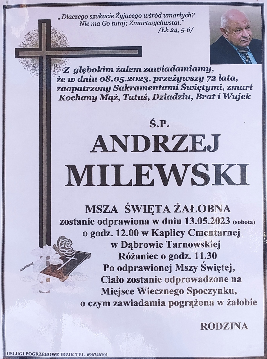 1 1683720019269 Zmarł Ś.P. Andrzej Milewski   wieloletni Dyrektor Szkoły Podstawowej Nr 1 w Dąbrowie Tarnowskiej