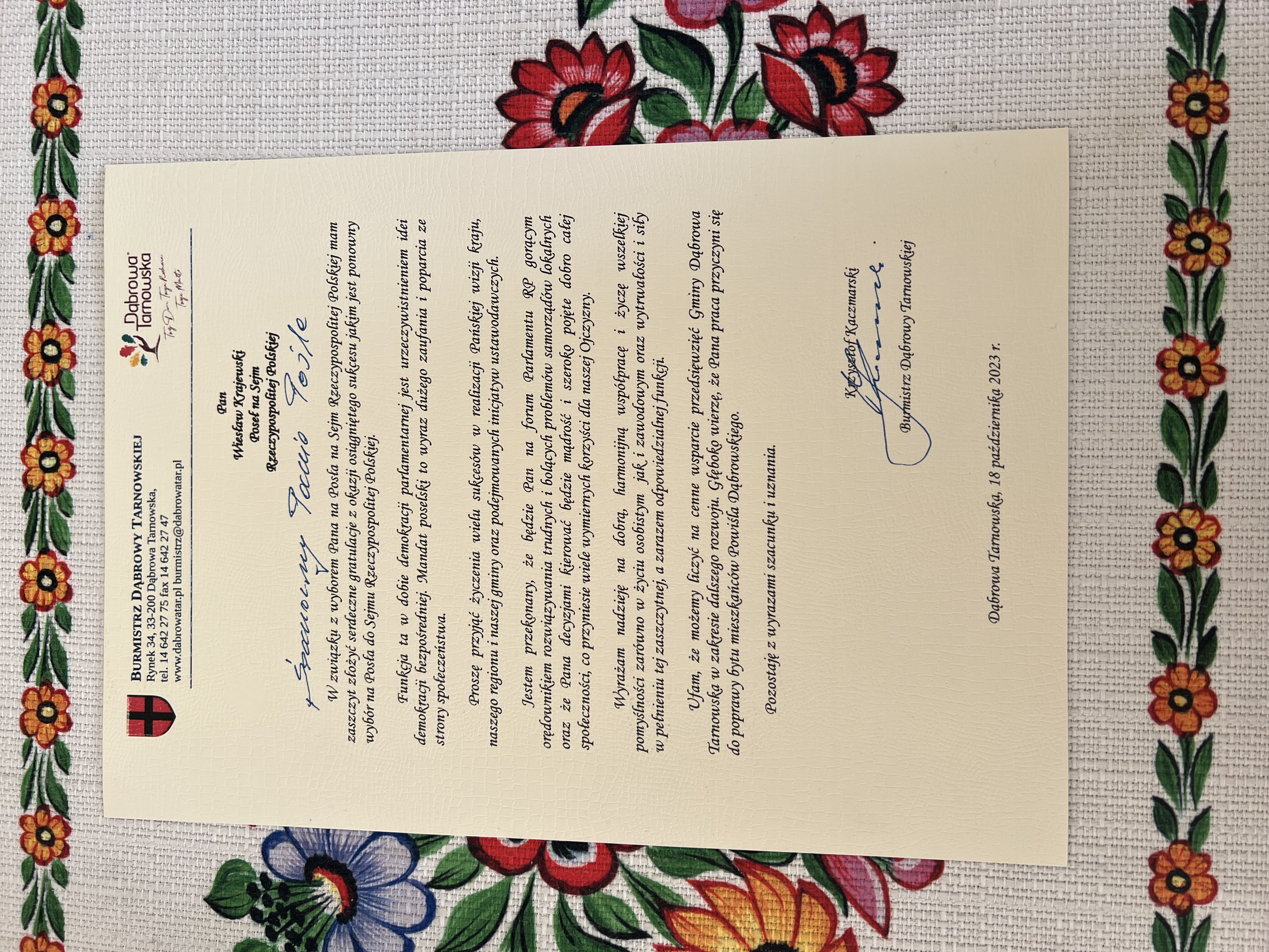 IMG 4834 Gratulacje z okazji wyboru na Posła do Sejmu Rzeczypospolitej Polskiej i Senatora Rzeczypospolitej Polskiej