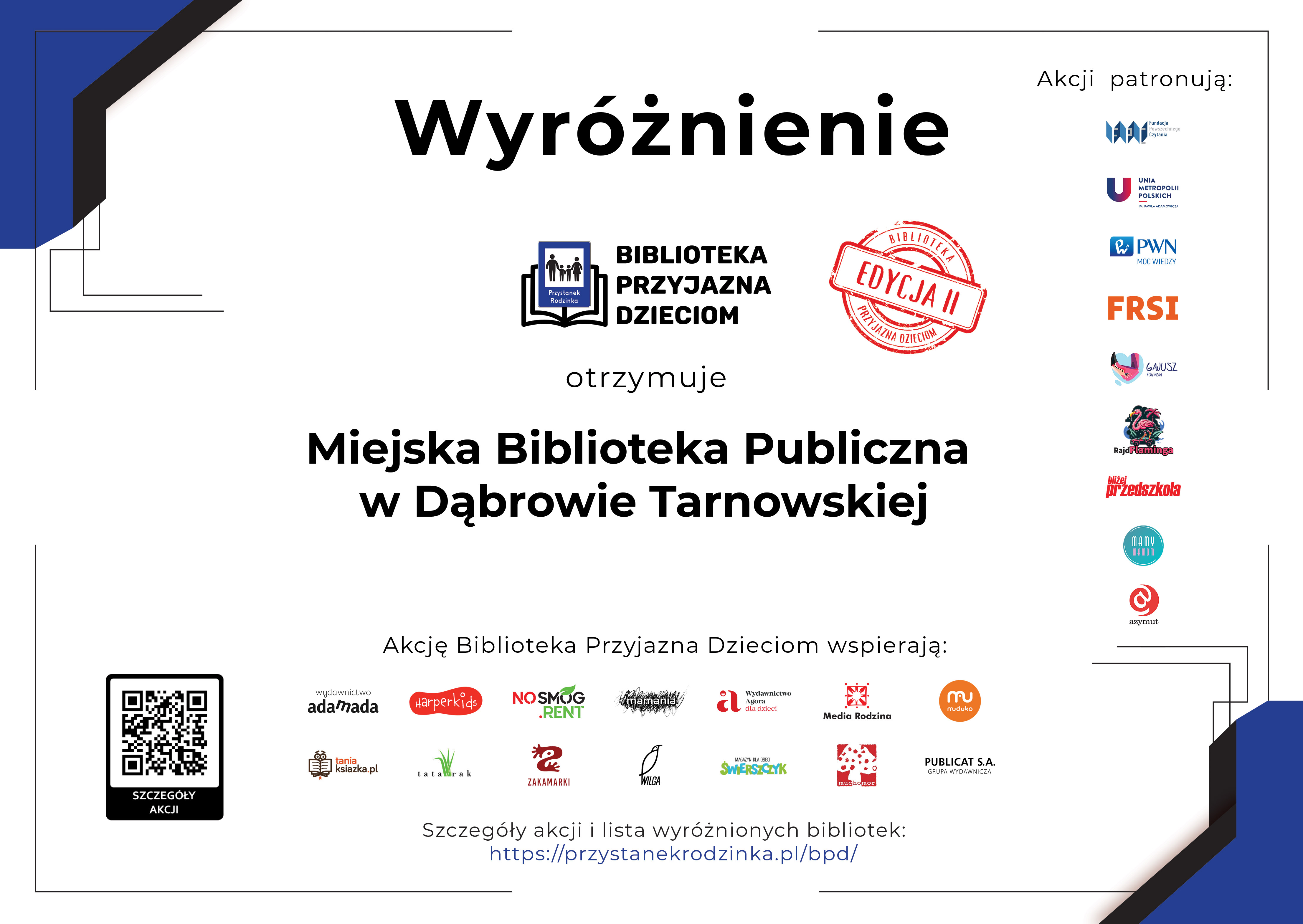 Wyroznienie Biblioteka Przyjazna Dzieciom 95 TYTUŁ „BIBLIOTEKA PRZYJAZNA DZIECIOM” DLA MBP