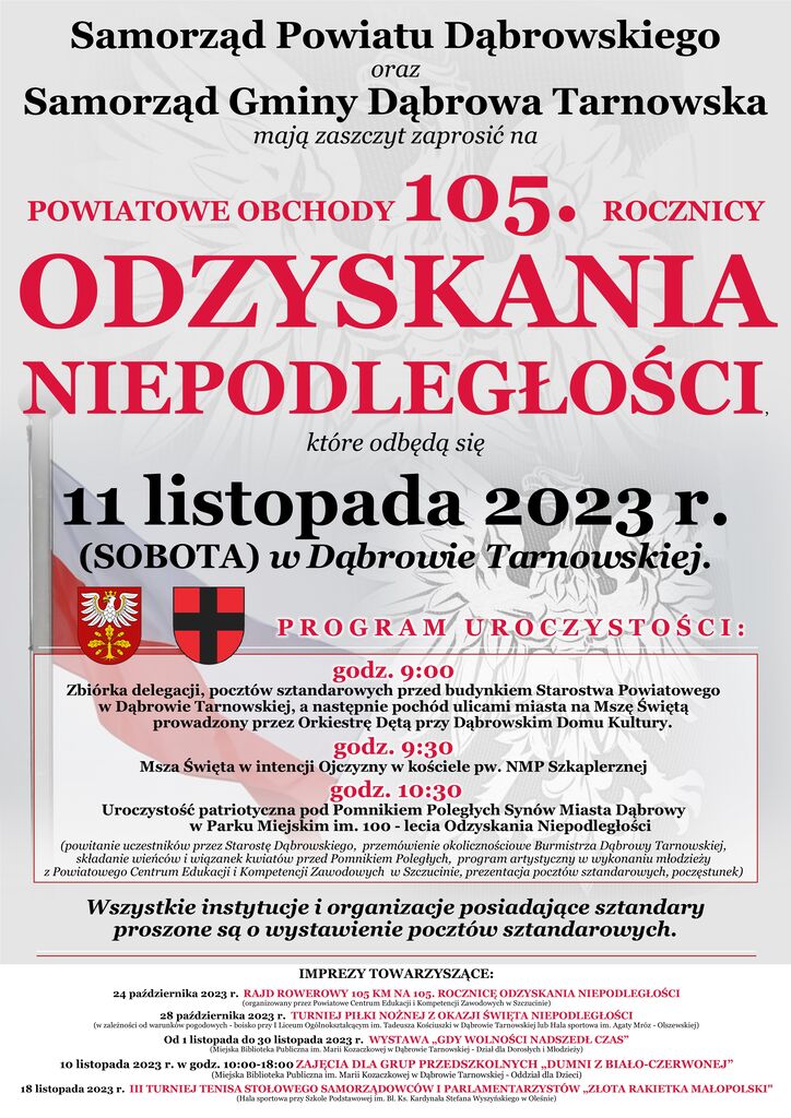 plakat 11 listopada 2023 Zaproszenie na powiatowe obchody 105. rocznicy Odzyskania Niepodległości