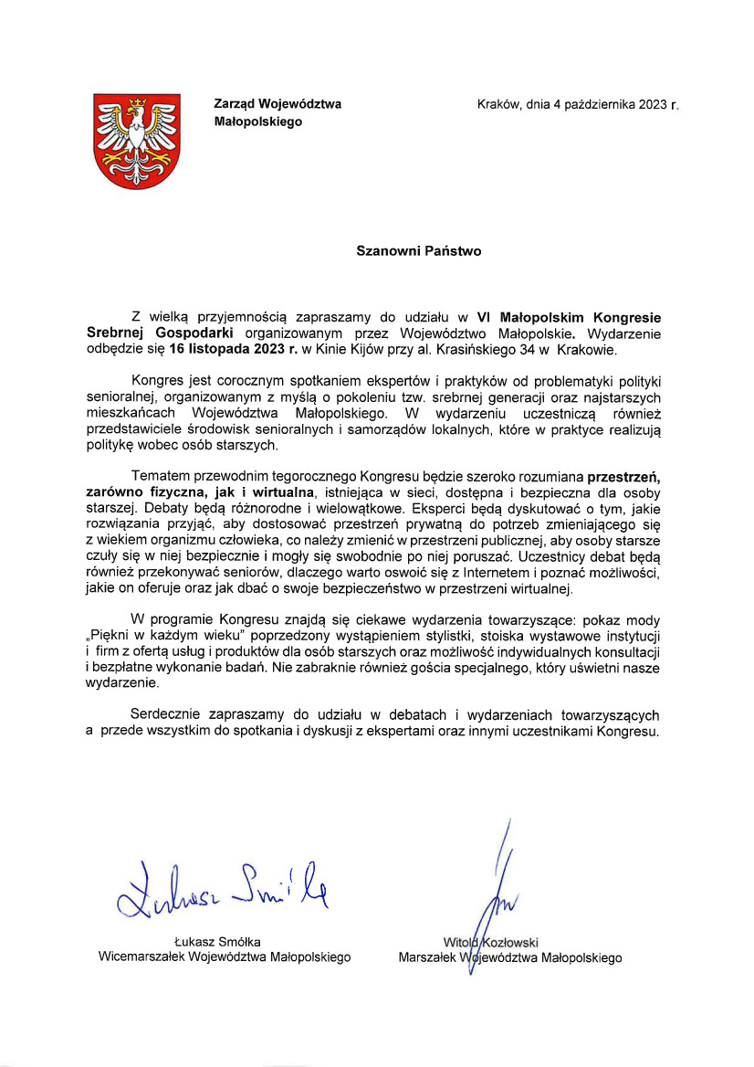 Zaproszenie VI Malopolski Kongres Srebrnej Gospodarki Małopolski Kongres Srebrnej Gospodarki